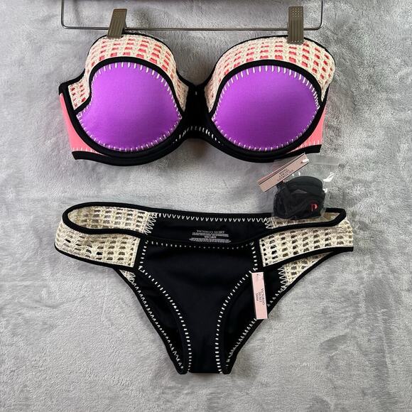 Victoria's Secret Crochet Surf Flirt Bandeau 34DD & Size M Bottom Purple/Pink - Picture 1 of 12